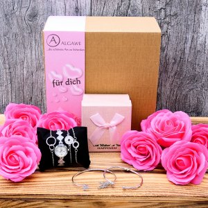 Geschenkset, rosa Seifenrosen mit Uhr und Armbändern