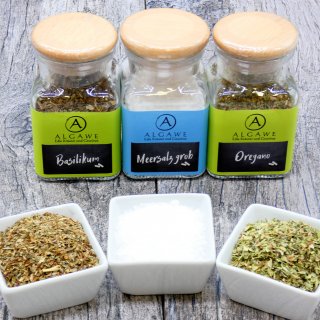 Set mit 3 italienischen Gewürzen in Gläsern mit Holzdeckel