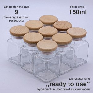 9er Set Gewürzgläser eckig mit Holzdeckel
